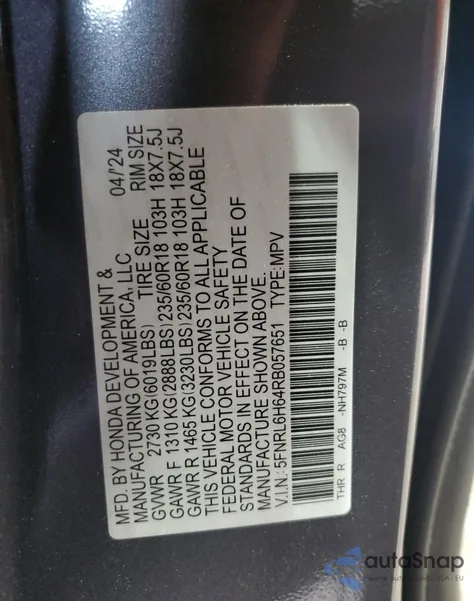 2024 Honda Odyssey Exl из США, поврежденный, VIN 5FNRL6H64RB057651